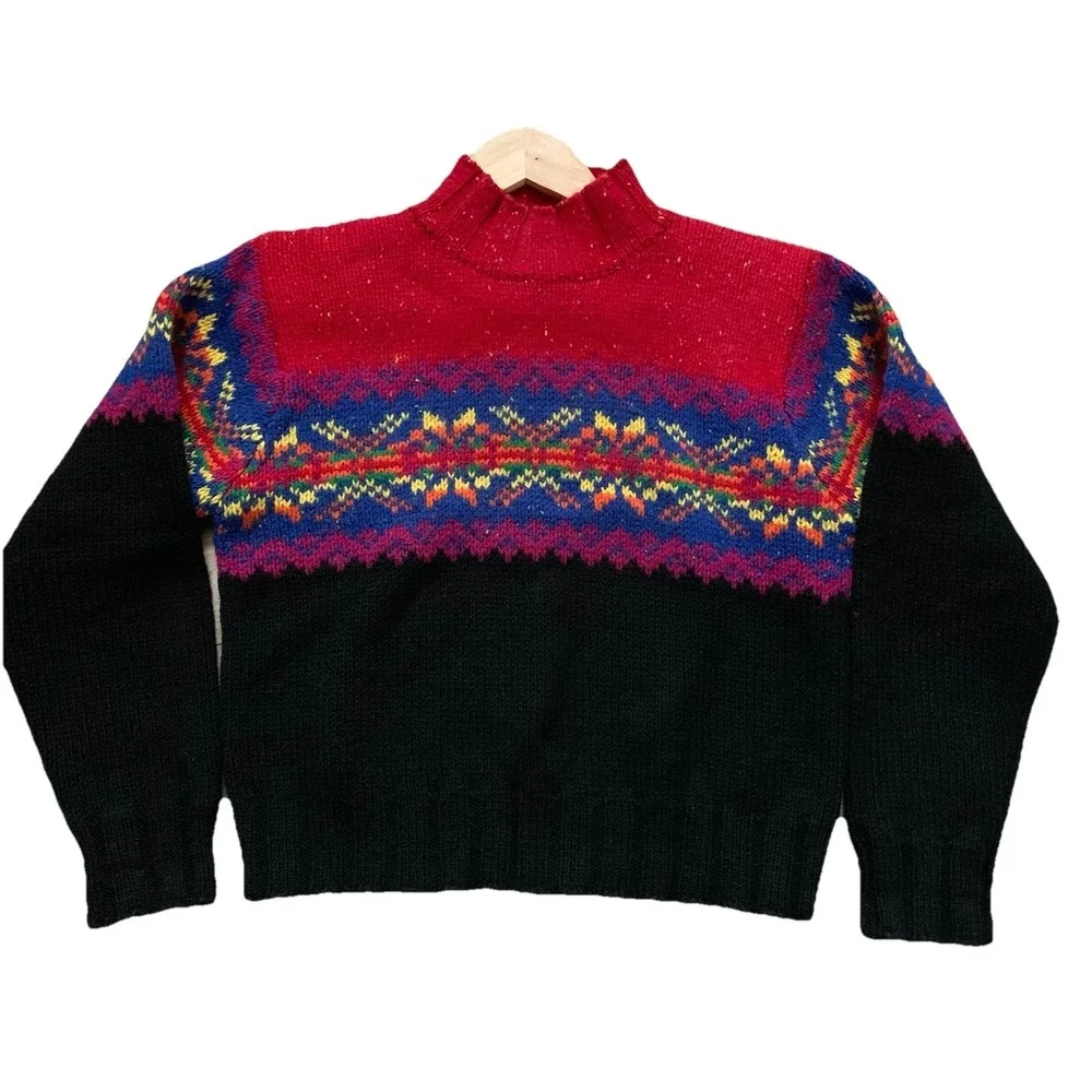 Vintage Express Tricot Wool Fair Isle Sweater Red Black Nordic Knit 100% Wool-M